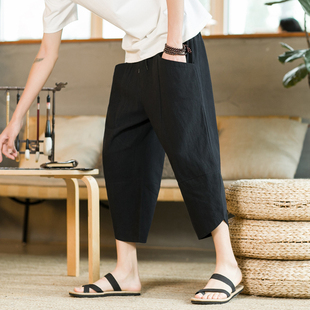 纯棉薄款 夏季 大码 宽松休闲亚麻裤 棉麻八分裤 潮流胖子九分裤 男士