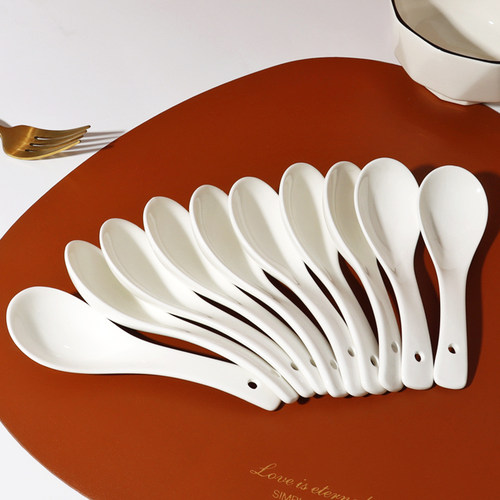 纯白家用陶瓷汤匙儿童吃饭勺长柄饭店盛汤喝汤勺餐厅调羹小勺子