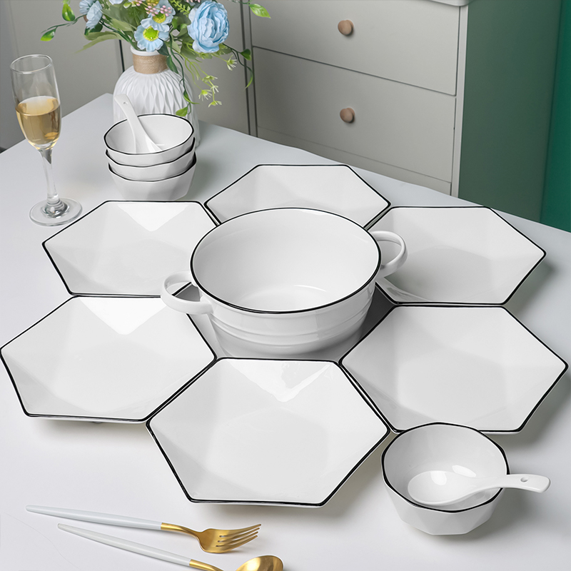 碗碟套装家用陶瓷餐具北欧风高级感菱形拼盘吃饭碗盘子勺筷组合