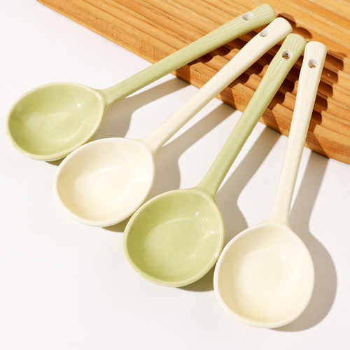 奶油风陶瓷勺子饭勺长柄勺家用高颜值网红汤匙调羹厨房喝汤小勺子