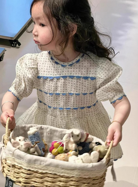 2025apo春夏新款女孩女童甜美欧美风白色泡泡袖亚麻连衣裙