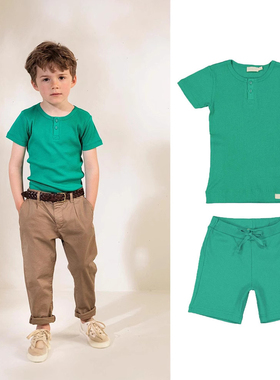 2025mar夏季高级限定色草绿色莫代尔棉螺纹男女童短袖T恤短裤短爬