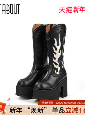 just about秋冬黑色中筒靴12CM超高跟靴小个子不累脚秀场时装靴