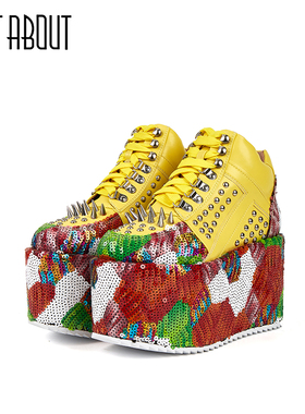 just about印象派印花黄色松糕鞋女小个子厚底个性柳钉单鞋女新品