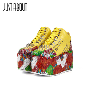 女新品 just 柳钉单鞋 女小个子厚底个性 about印象派印花黄色松糕鞋