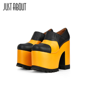 about新品 时尚 黄色撞色粗跟高跟鞋 just 女厚底圆头高防水台单鞋
