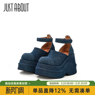 女玛丽珍夏新复古辣妹松糕增高鞋 just about厚底高跟牛仔包头凉鞋