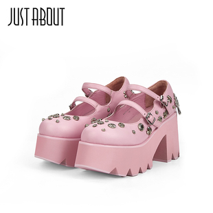 about春季 百搭厚底粗跟高跟鞋 新款 粉色时尚 甜美玛丽珍单鞋 just