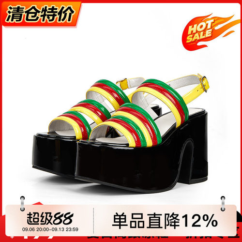 彩色条纹个性粗跟凉鞋