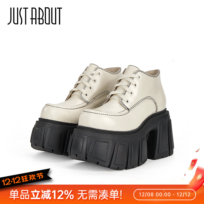 just about英伦厚底增高皮鞋浅口单鞋舒适休闲鞋小个子粗跟不累脚