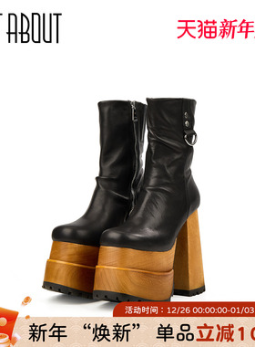 just about黑色时尚木质厚底短靴女超高跟粗跟时装靴小个子不累脚