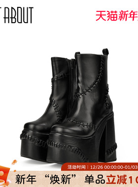 just about黑色机车靴厚底短靴女超高跟马丁靴帅气瘦脚潮酷时装靴