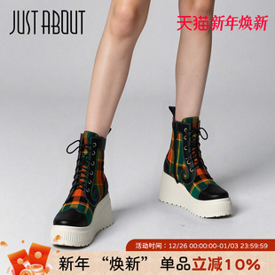 靴 增高跟厚底坡跟系带格纹女增高显瘦时装 just about新款