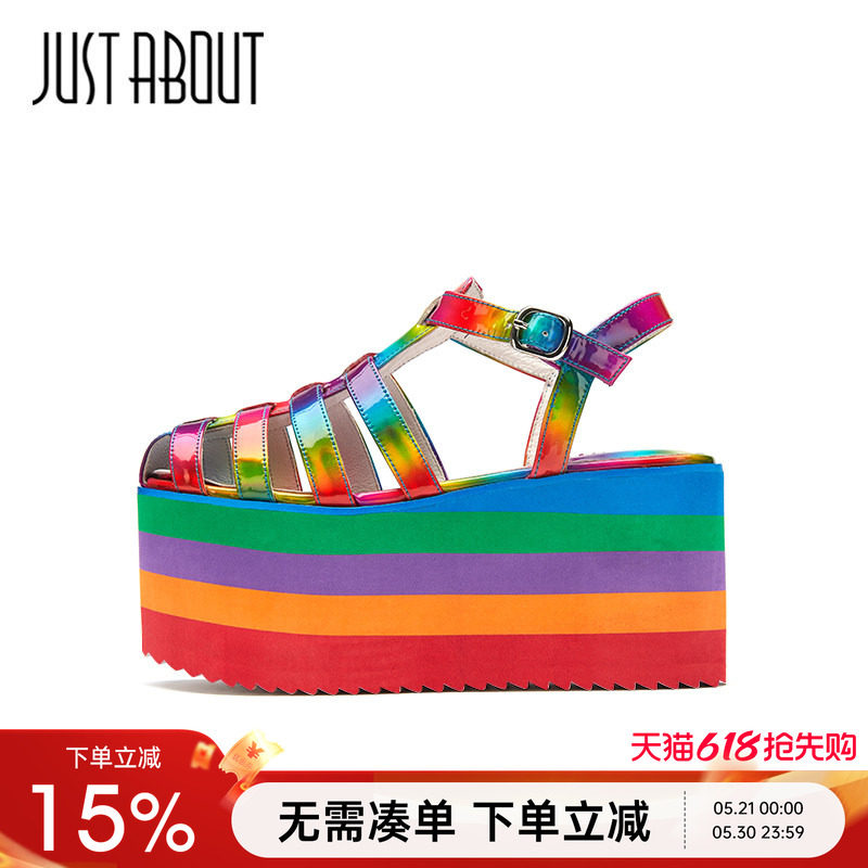 just about设计感彩色凉鞋露指厚底增高一字扣走秀款原宿撞色ins