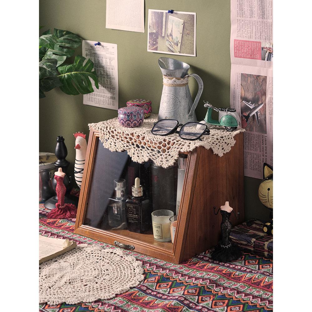 复古实木桌面抽屉式收纳盒木质化妆品水乳展示柜茶具茶杯整理盒子