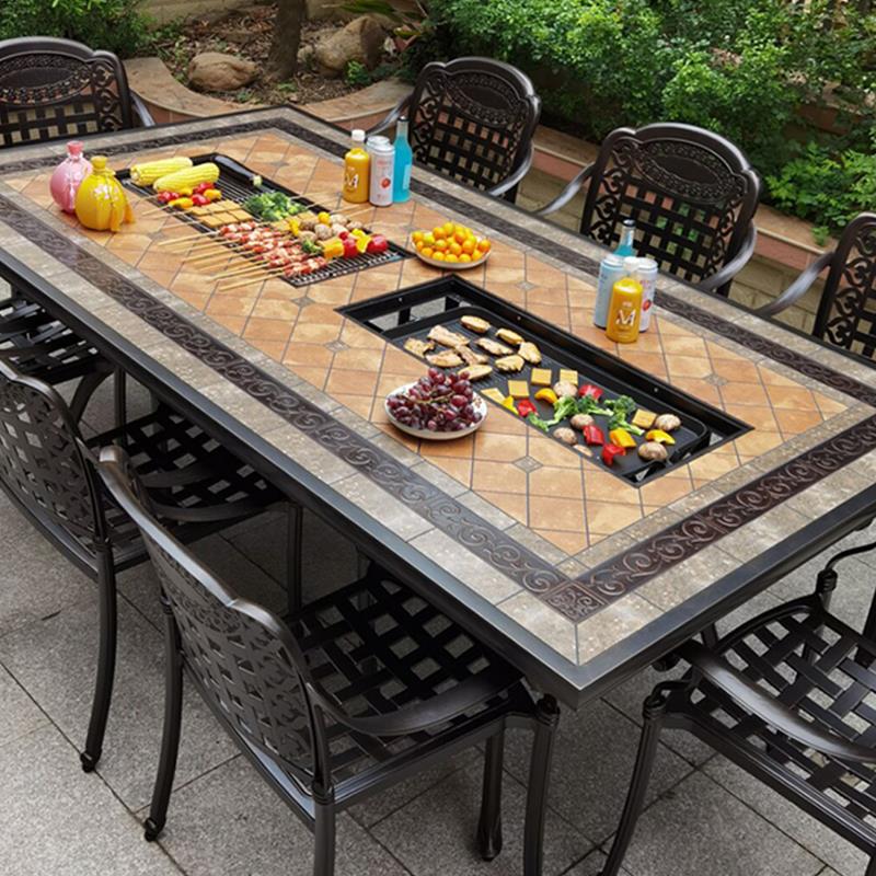 户外庭院铸铝烧烤桌椅别墅花园露天家用露台长瓷砖大理石室外桌椅