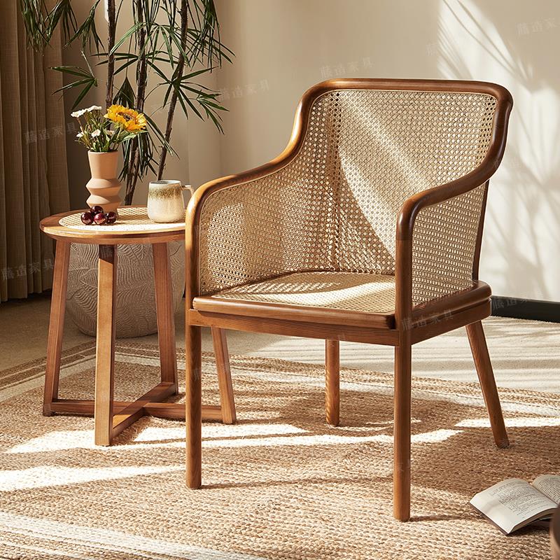 实木中古侘寂风休闲椅餐椅藤编椅复古高靠背民宿餐厅卡座桌椅软包