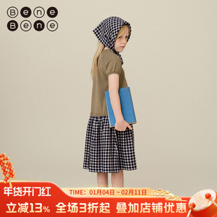 benebene拼接假两件连衣裙春夏新款短袖纯棉中长款裙子女童混纺裙