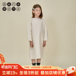 benebene春夏新款女童装长袖棉麻牛仔连衣裙幼童女孩新年度假长裙