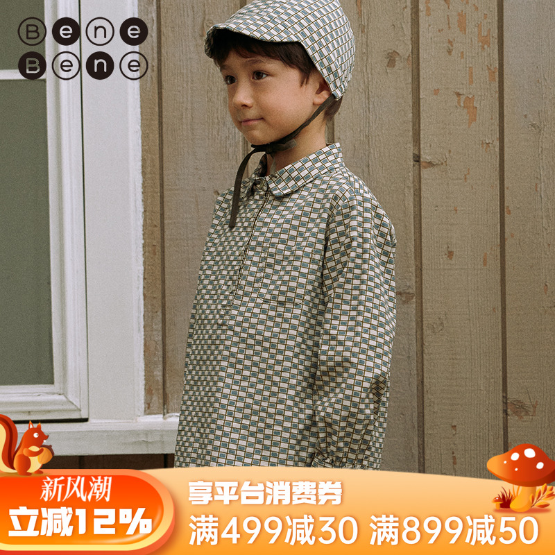benebene韩国童装秋冬季新款男女童半门襟系扣格子弧形摆衬衫