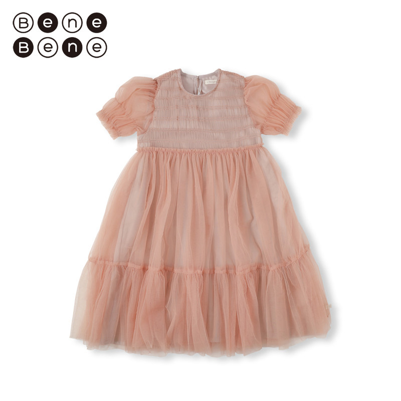 benebene女童梦幻短袖纱裙公主连衣裙高腰百褶超仙蓬蓬高级感裙子