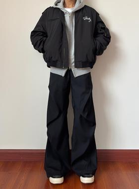 布老哥Blog小众clf褶皱拖地西裤宽松垂感直筒微喇休闲裤黑色K705