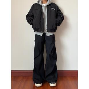 布老哥Blog小众clf褶皱拖地西裤 黑色K705 宽松垂感直筒微喇休闲裤