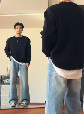 布老哥Blog2024新款亨利领套头毛衣宽松短款混纱撞色针织衫W355