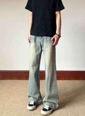 布老哥Blog美式复古黄泥色水洗牛仔裤款宽松百搭直筒长裤子K766