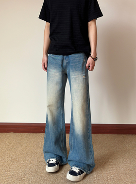 布老哥Blog美式复古水洗做旧猫须牛仔裤宽松显瘦微喇直筒裤K754