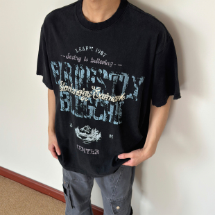 D149 宽松百搭街头风短袖 布老哥Blog美式 街头做旧斑驳印花T恤夏季