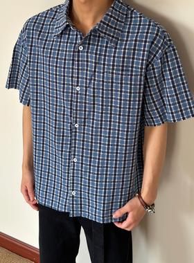 布老哥Blog夏季新款撞色短袖格子衬衫cleanfit显高蓝色上衣D193