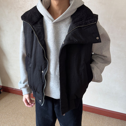 布老哥Blog美式休闲"弯刀门襟"立领棉服马甲冬季毛绒翻领棉衣W578