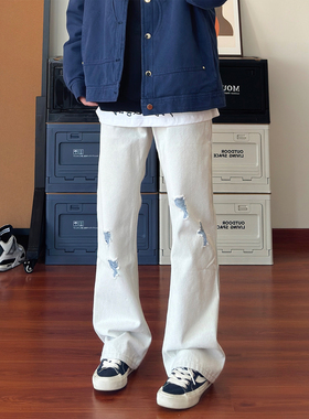 布老哥Blog美式复古蓝纱灰白牛仔裤clf显瘦微喇破洞直筒长裤K702