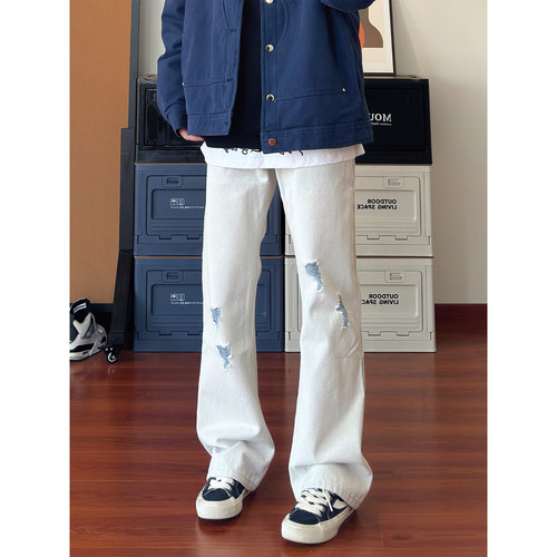 灰白显瘦美式蓝砂白破洞牛仔裤