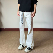 复古高街 自带丝巾 微喇牛仔裤 布老哥Blog美式 百搭白色长裤 子K791