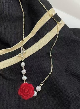 复古超仙红色玫瑰花朵项链轻奢春夏新款ins风蝴蝶珍珠锁骨链405X