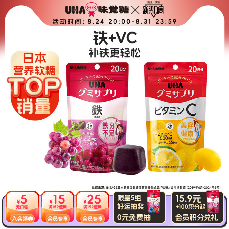 悠哈味觉糖UHA补铁富铁VC复合维生素叶黄素进口营养软糖2包