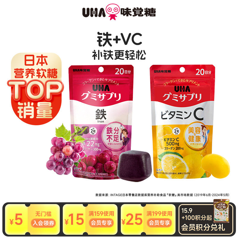 悠哈味觉糖进口UHA补铁富铁VC复合维生素叶黄素营养软糖2包组合
