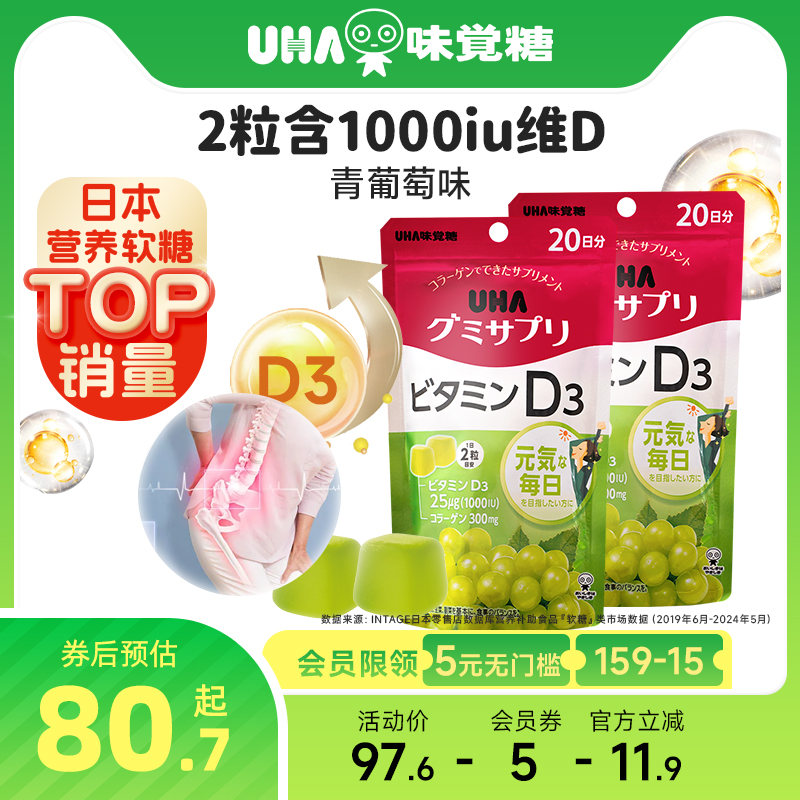 悠哈味觉糖日本进口UHA维生素D3男女营养软糖青葡萄味20日量*2