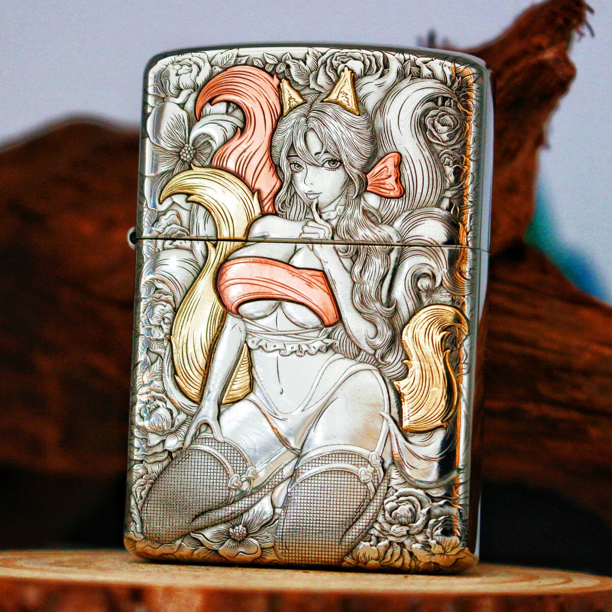 【鹰皇】佐罗煤油防风打火机黑丝九尾新款白铜浮雕镶嵌立体深雕厚