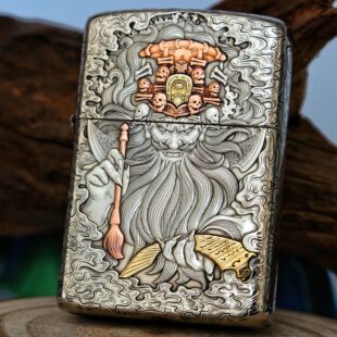 佐罗白铜五面浮雕镶嵌提笔判官煤油打火机加厚902s黑白无常盔甲机