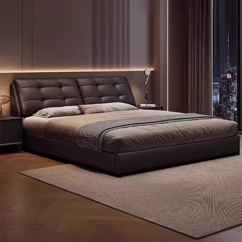 意式轻奢真皮床现代简约高端大气双人主卧室大床1米8软包储物婚床