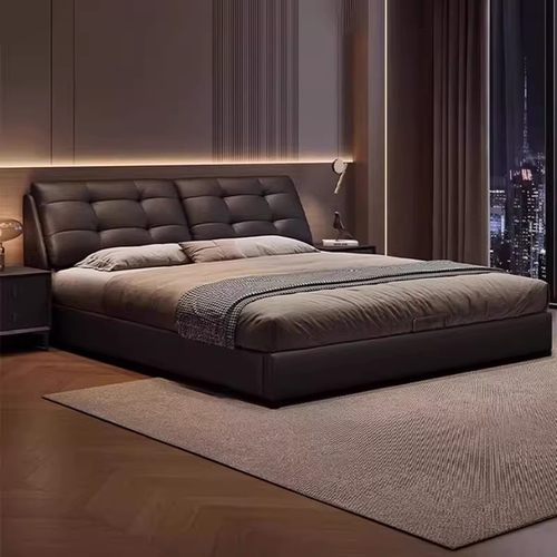 意式轻奢真皮床现代简约高端大气双人主卧室大床1米8软包储物婚床