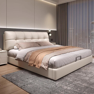 极简真皮床主卧室大床现代简约高端大气1米8双人床软包储物床 意式