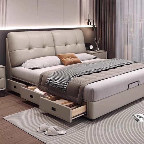 真皮床主卧轻奢高端大气储物带收纳抽屉现代简约软包双人面包床