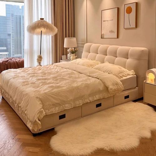 奶油风泡芙布艺床现代简约科技布软包储物婚床主卧1米8双人大床