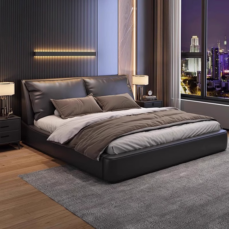 意式极简真皮床轻奢现代高端黑色主卧大床1米8双人床软包储物婚床
