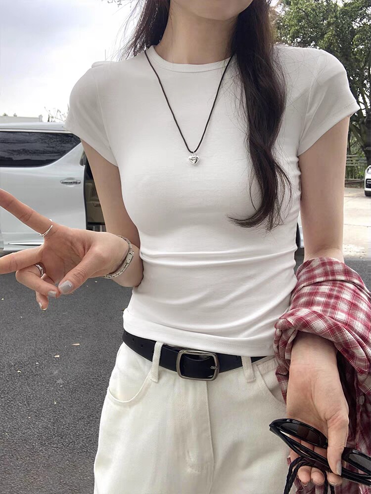 紫皇冠397款正肩短袖t恤女夏季修身显瘦圆领新款小个子紧身上衣