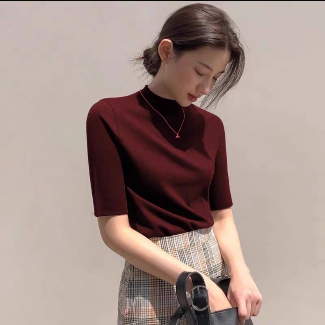 紫皇冠801打底衫早秋中袖T恤女新款减龄上衣透气纯色打底衫女